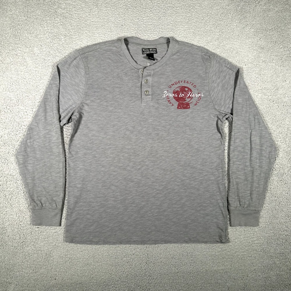 Lucky Brand Shirt Mens Large Gray Henley Vintage Inspired Graphic Tee Boxing Gym